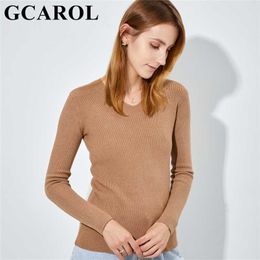 GCAROL Winter Women V Neck Soft Warm Minimalist Sweater Stretch Warm Stripes Pattern Knitting Pullover Elegant Rib Knitwear 2XL 211103