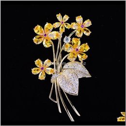 Pins, Jewelryluxury Beautif Yellow Crystal Zircons Flower Brooches Pins Women Costume Jewellery Wedding Bouquet Pin Brosche Femme Bijoux Drop