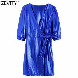 Zevity Women Vintage Cross V Neck Solid Colour Metal Style Mini Dress Femme Puff Sleeve Bow Tied Casual Kimono Vestido DS4916 210603