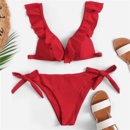 Bikini Brazilian Mujer Summer Ruffle Swimwear Women Red White Black Push Up Pads Sexy Swimsuit Bandage Two Piece Swim Wear 210625