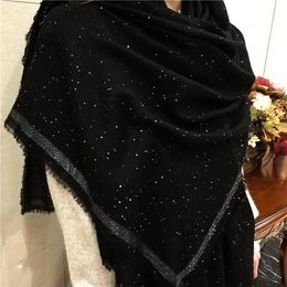 -Sciarpe inverno 100% sciarpa di lana puro donne paillettes perline in rilievo nero addensare scialle e avvolgere foulard femme echarpe pashmina
