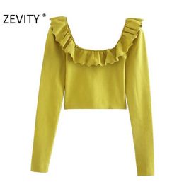 Zevity Women Sweet Cascading Ruffle Long Sleeve Short Slimming Sweater Chic Female Square Collar Knitting Pullover Tops S461 210603