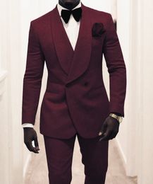 Custom Made Men Suits Dark Burgundy Pattern Groom Tuxedos Shawl Lapel Groomsmen Wedding Best Man 2 Pieces ( Jacket+Pants+ Bow Tie ) L640