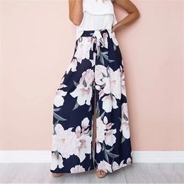 Ladies Floral Printed Long Trousers with Belts Summer Women High Waist Wide Leg Bottoms Loose Pants Palazzo Casual Vacation XXL Q0801