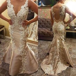 Champagne Beads Mermaid mother of the bride groom dresses lace floral pearls v-neck fishtail occasion mother prom gowns