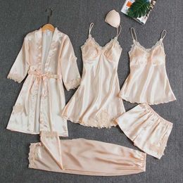 Pajamas Set With Lace Women Satin Sleepwear Summer Pyjamas Pour Femme 5PCS Kimono Robe Gown Intimate Lingerie V-Neck Home Wear Q0706