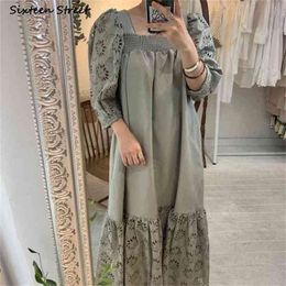 Retro Summer Dresses Woman Puff Sleeve Green Lace Elegant Clothing Female Vestidos Square Collar Vintage Maxi Dress For 210603