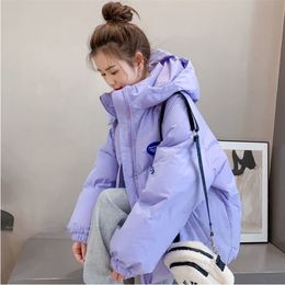 Women Candy Colors Winter Hooded Puffer Jacket Female Loose Long Sleeve Coat Harajuku Warm Oversize Parkas Purple White Pink 210819