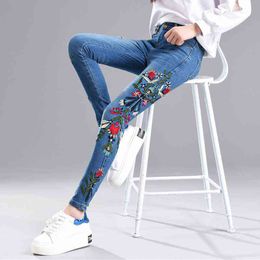 Side embroidered jeans for women with high waist pants plus size skinny vintage 4XL stretch Embroidery denim 211129