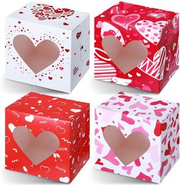 12pcs/set Valentines Day Gift Wrap Box Valentines Party Goodie Boxes with PVC Heart Shaped Window Pink Red