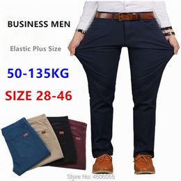 Pants Men Business Straight Cotton Trousers Stretch Man Elastic Slim Fit Casual Big Plus Size 42 44 Black Khaki Red Blue Pant 211023