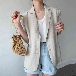 Elegant Cotton Linen White Blazer For Women Notched Short Sleeve Solid Minimalist Blazers Female Chic Summer Jackets 210601