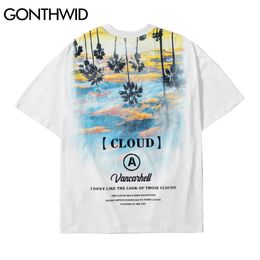 GONTHWID Tees Shirts Harajuku Coconut Tree Sunset Print Short Sleeve Tshirts Hip Hop Casual T-Shirts Fashion Summer Cotton Tops C0315