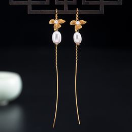 -2021 orecchio orchidea fili ad orecchio reali 925 orecchini a goccia in argento sterling set con gioielli vintage perla d'acqua dolce per le donne