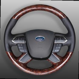 For Ford New Taurus Modification Parts DIY Peach Wood Grain Leather Carbon Fibre Grain Steering Wheel Cover Auto Accessories