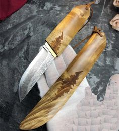 High End Damascus Survival Straight Knife 75 Layers VG10 Damascus Steel Drop Point Blade Shadow Wood Handle With Wood Sheath