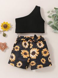 Baby One Shoulder Top & Floral Print Knot Front Shorts SHE
