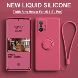 Original Liquid Silicone Cases For Xiaomi Mi Note 11Pro 10Pro 10S Funda 11T Pro Ring Holder Strap Back Cover