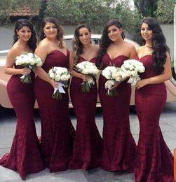 Burgundy Lace Bridesmaid Dresses 2021 Mermaid Sweetheart Neckline Floor Length Custom Made Plus Size Maid of Honour Gown Vestidos