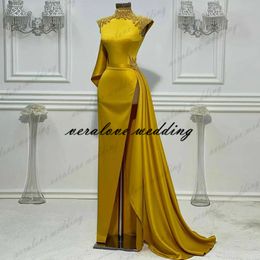 Formal Yellow Evening Dress 2021High Neck Beads Split Satin Mermaid Prom Gowns Long Sleeve Women Party robe de soirée de mariage
