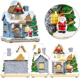 2021 neue Weihnachtsdekoration Dorf Sammlung Figur Gebäude Haus mit Santa Claus Led Beleuchtung Hause Kamin Ornament