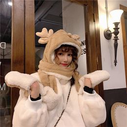 Berets Winter Sweet Girl Kawaii Thicken Keep Warm Plush Windshield Vintage Ear Cap Scarf Gloves Siamese Three-piece Suit