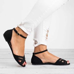 Sandals Falt Shoes Women Peep Toe Cover Heel Sandals Nice Summer Fish Mouth Buckle Strap Sandals Hollow Out Casual Beach Shoes Y0721