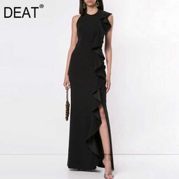 [DEAT] Dress Women Temperament Round Neck Floor-length Ruffles Sleeveless Black High Quality Summer Fashion 13C152 210527