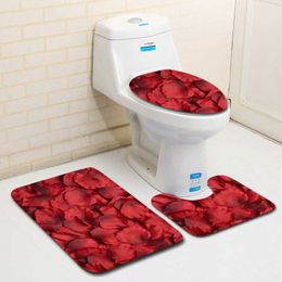 Rose Flower Romantic Bathroom Three-piece Set Toilet Mat Set Bathroom Floor Mat Bathroom Valentine's Day House Warming Gift 210622