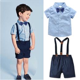 Boys Summer Gentleman Suit Infant Short Sleeve Shirt+Bib Pants Overalls Children Birthday Weddding Christening Party Clothes Set 210615