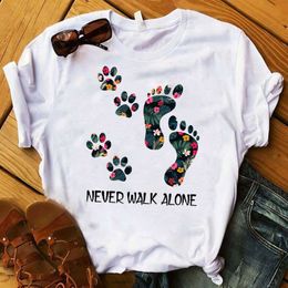 Women T Womens Graphic Flower Never Walk Alone dog Paw Flower Fashion Printed Top Tshirt Female Tee Shirt Ladies Clothes T-shirt X0527