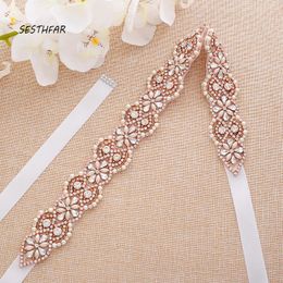 Wedding Sashes Rhinestones Bridal Belt Pearls Simple Crystal Sash Rose Gold For Evening Dresses J175RG