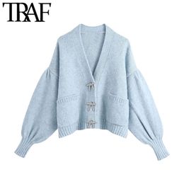TRAF Women Fashion Buttons Loose Knitted Cardigan Sweater Vintage Long Sleeve Pockets Female Outerwear Chic Tops 210914