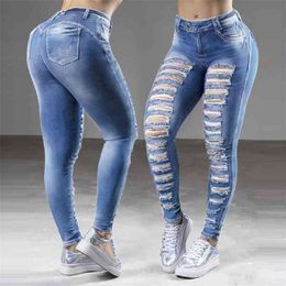 Jeans donna skinny slim vita alta pantaloni donna elasticizzati aderenti streetwear pantaloni denim lavati bucati 210708