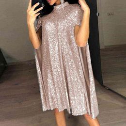 Women Spring Elegant O Neck Solid Evening Dress Cloak Sleeve Shiny Sequin Dress Ladie Autumn Fashion Sexy Drape Dress Vestidos Y1204