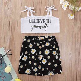 Summer Children Sets Strap Letter White Tops Print Daisy Single Breasted Skirt Cute Girls Boys Clothes Set 3-10T 210629