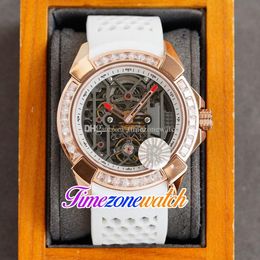 RRF Epic-X EX100.43.LD.OP.ALD4AT Automatic Tourbillon Mens Watch Rose Gold Case Baguette Square Cut Diamonds Bezel Skeleton Dial White Rubber Strap Timezonewatch