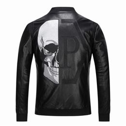 2021 Skull Rhinestones PU Jackets Men Black High Street Stand-Neck Zipper Rib Sleeve Streetwear Motorcycle Faux Leather Coats 220212