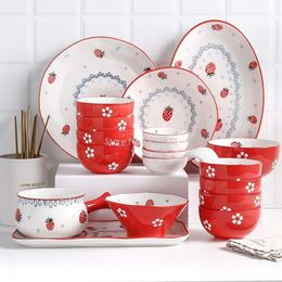 Nordic style ceramic tableware set strawberry rice bowl plate creative dessert salad plate spoon western cake home