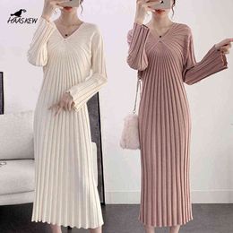 Women White Elegant Midi Dress Autumn Winter Ladies LONG SLEEV Korean Fashion Female Pullover Long Sweater Dress Knitted G1214