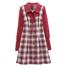 red dress bow sleeves Australia - PERHAPS U Women French Retro Red Dress Plaid Patchwork Single-breasted Turn Down Collar Bow Long Sleeve Mini Dress Spring D2417 210529