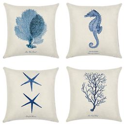 Pillow Case 4 PCS Hand-Painted Marine Coral Starfish Sea Horse Pillowcase Linen Cover Home Decor Cushion