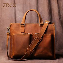 ZRCX Vintage Man Handbag Briefcase Men Shoulder Crazy Horse Genuine Leather Bags Brown Business Fashion 14 Inch Laptop Bag 220218