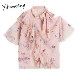 Yitimuceng Floral Print Blouse Women Ruffles Bow Lace Up Strapless Shirts Loose Chiffon Clothes Summer Fashion Tops 210601