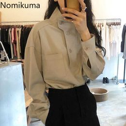 Nomikuma Women Blouse Korean Buttons Stand Neck Elegant Blusas Femme Long Sleeve Autumn Solid Causal Shirts 6C223 210721