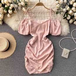 Summer Dress for Women Solid Bow tied Spaghetti Strap Off shoulder Short Sleeve V-neck Slim Draped Mini Party 210603