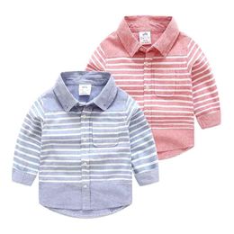 Handsome Boys Striped Shirt Spring Autumn 2-9 10 Years Cotton Pocket Colorful Long Sleeve Baby Kids Boy Shirts For Children 210701