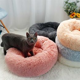 kennel s Australia - Long Plush Cat Bed House Soft Round Winter Pet Dog Cushion Mats For Small Dogs s Nest Warm Puppy Kennel 50 60 70cm 211111