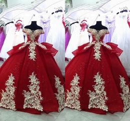 Gold Floral Applique Quinceanera Dress Off The Shoulder Boall Gowns Birthday Party For Girls Red layers Sweet 16 Dress Tulle Formal Cheap