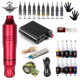 Professional Tattoo Machine Kit Power Supply Rotary Pen With Cartridges Needle For Beginners Artist 220124